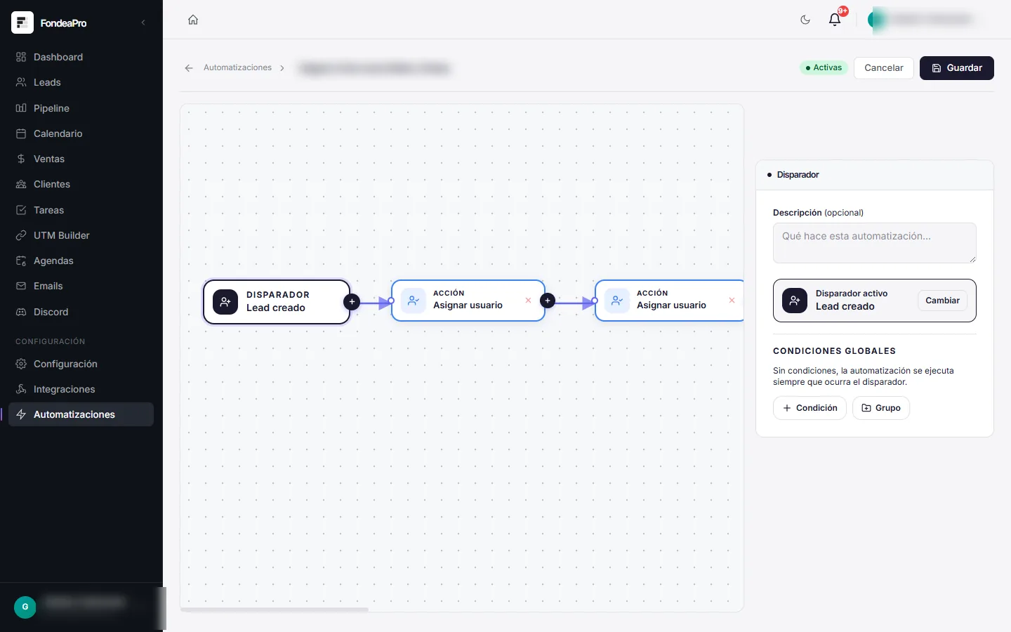 Constructor visual de automatizaciones de Gudari CRM