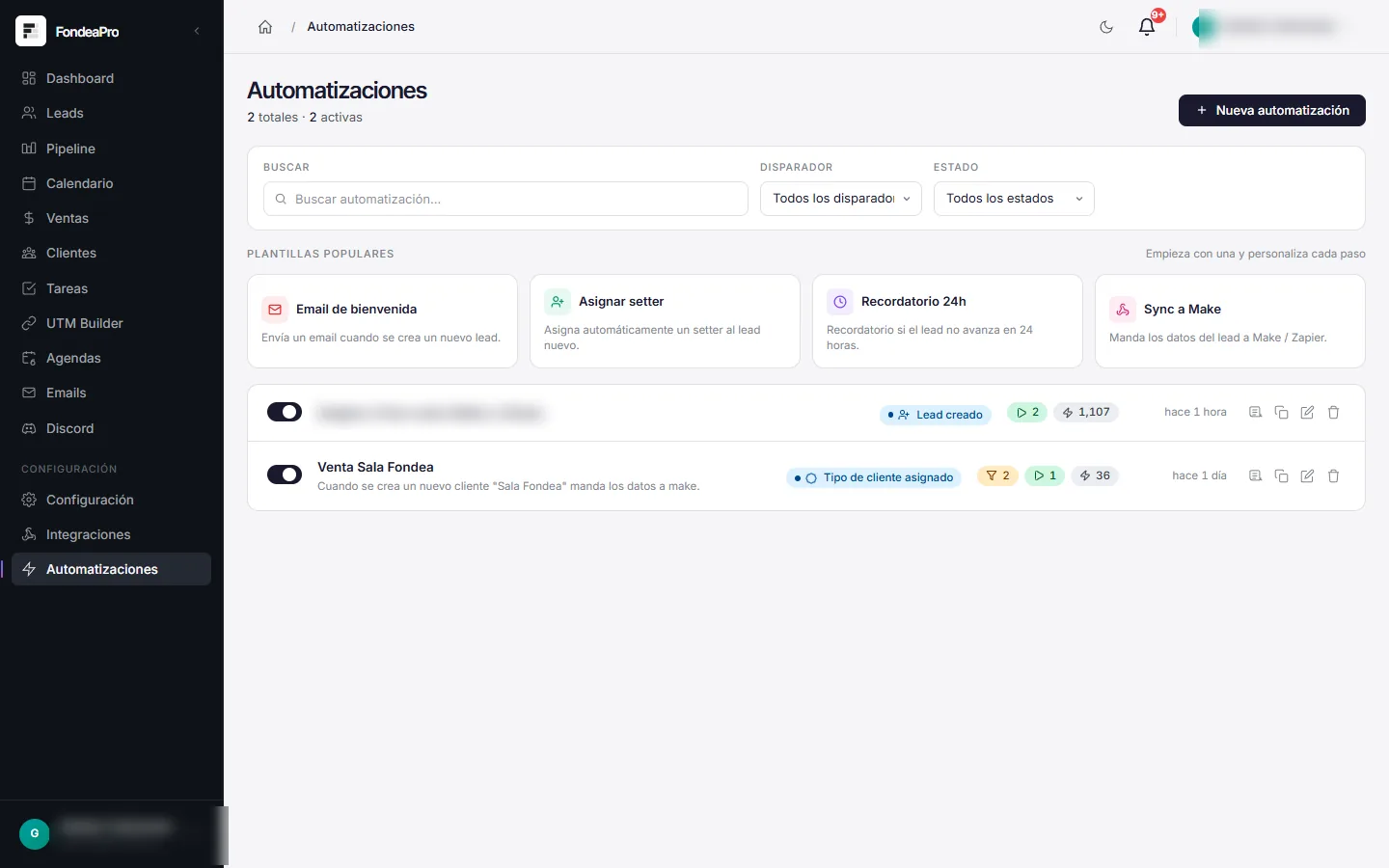 Automatizaciones activas en la instalación de FondeaPro