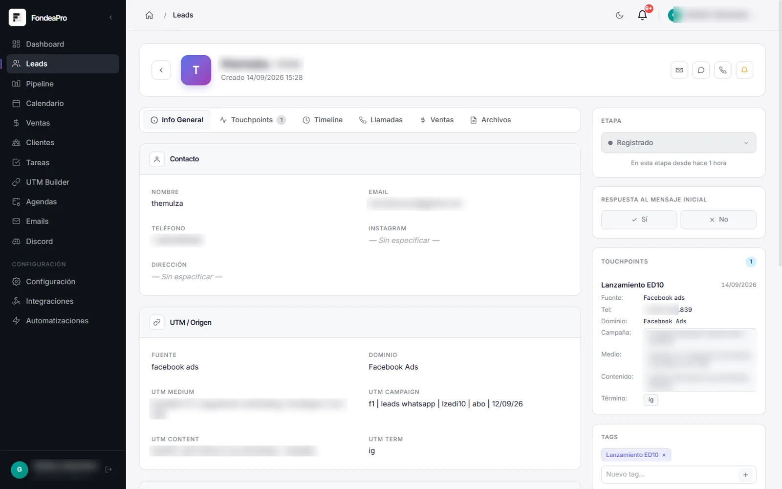 Ficha de lead de Gudari CRM