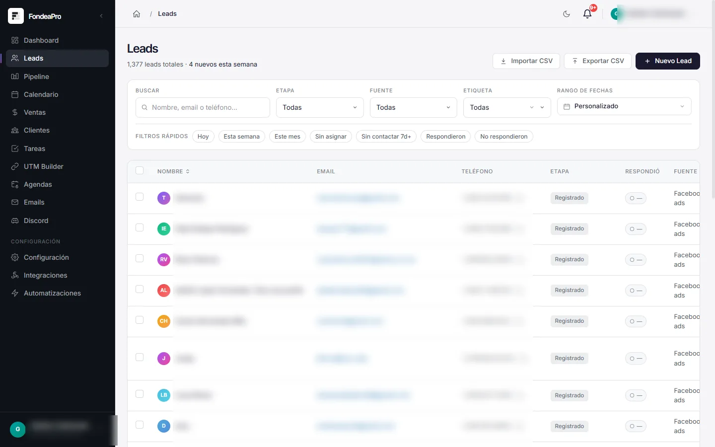 Listado de leads de Gudari CRM