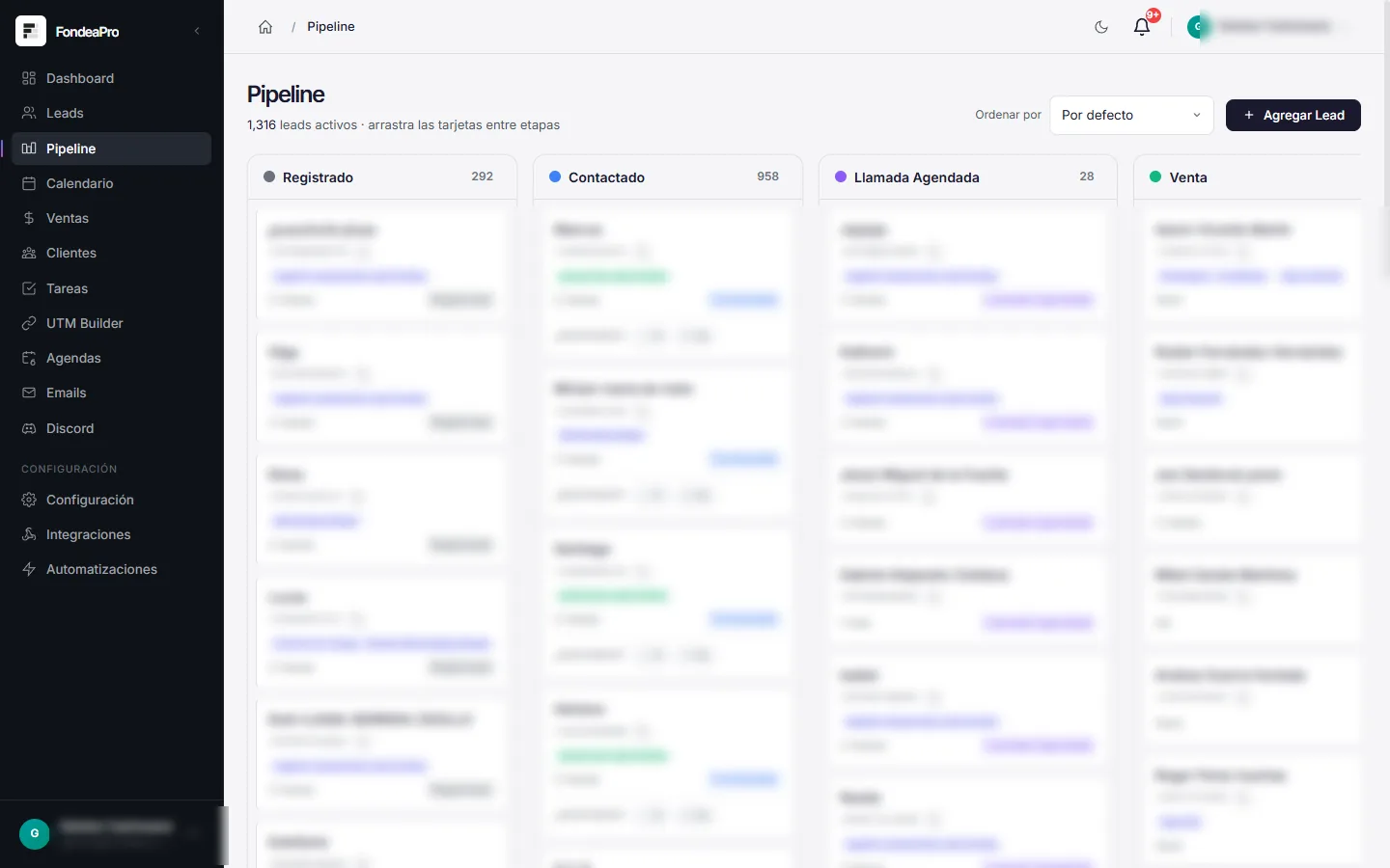 Pipeline kanban de Gudari CRM
