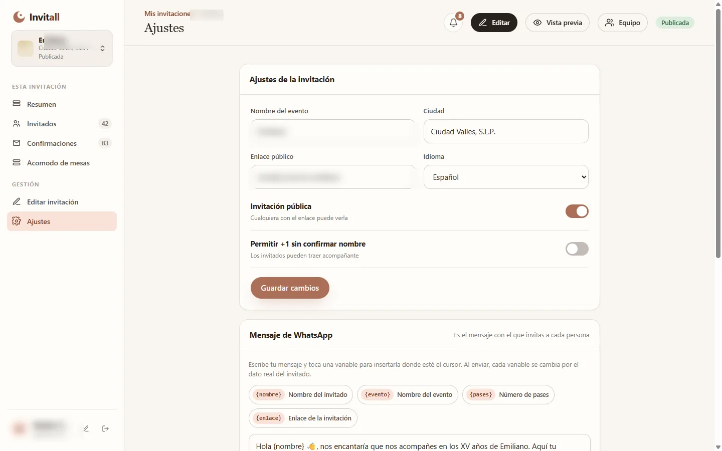 Ajustes de la invitación en InvitAll