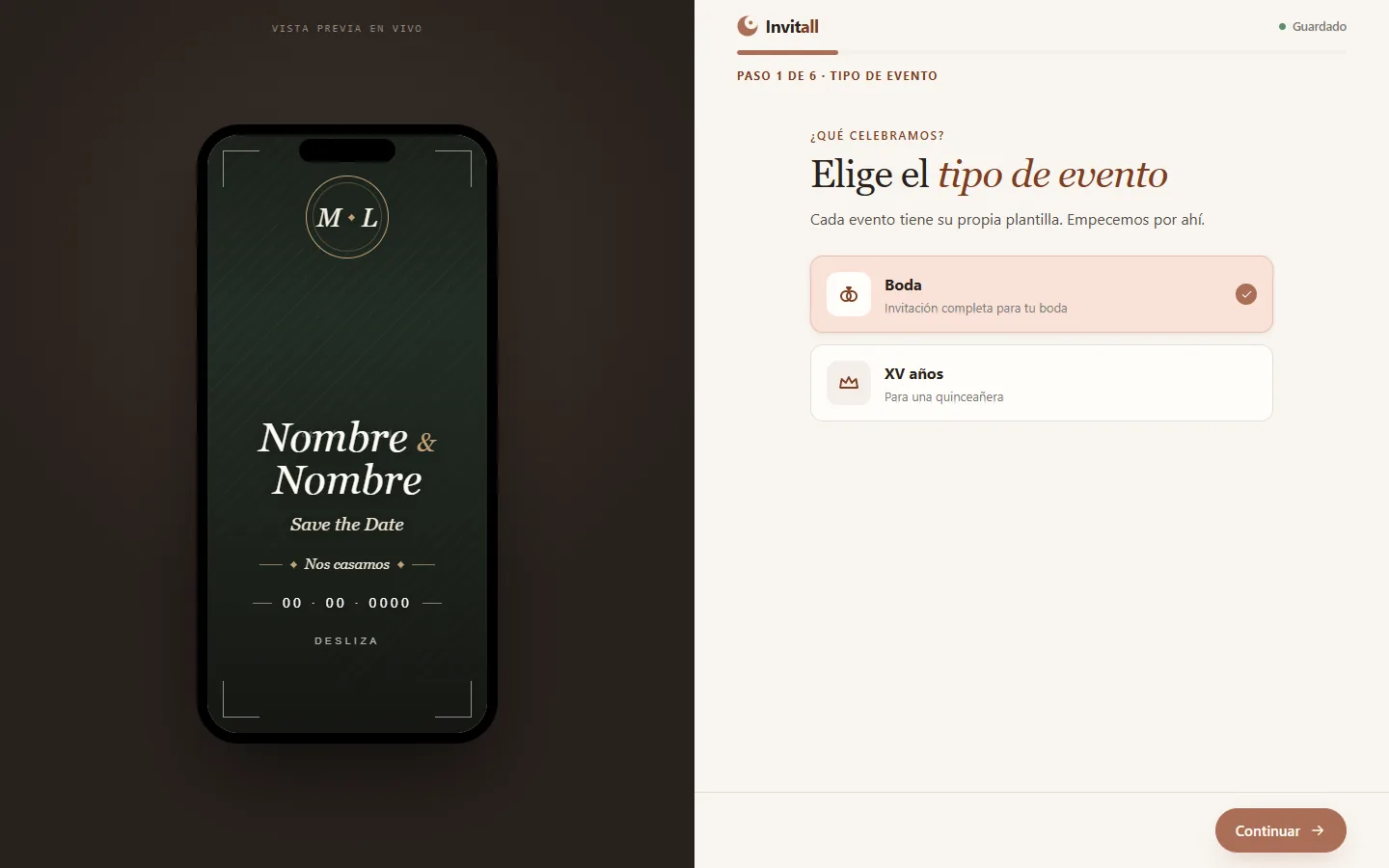 Onboarding de InvitAll: elegir tipo de evento