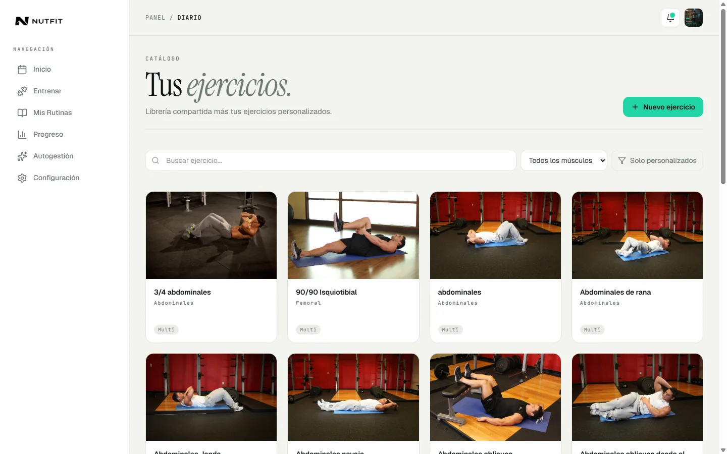 Biblioteca de ejercicios del entrenador en Nutfit