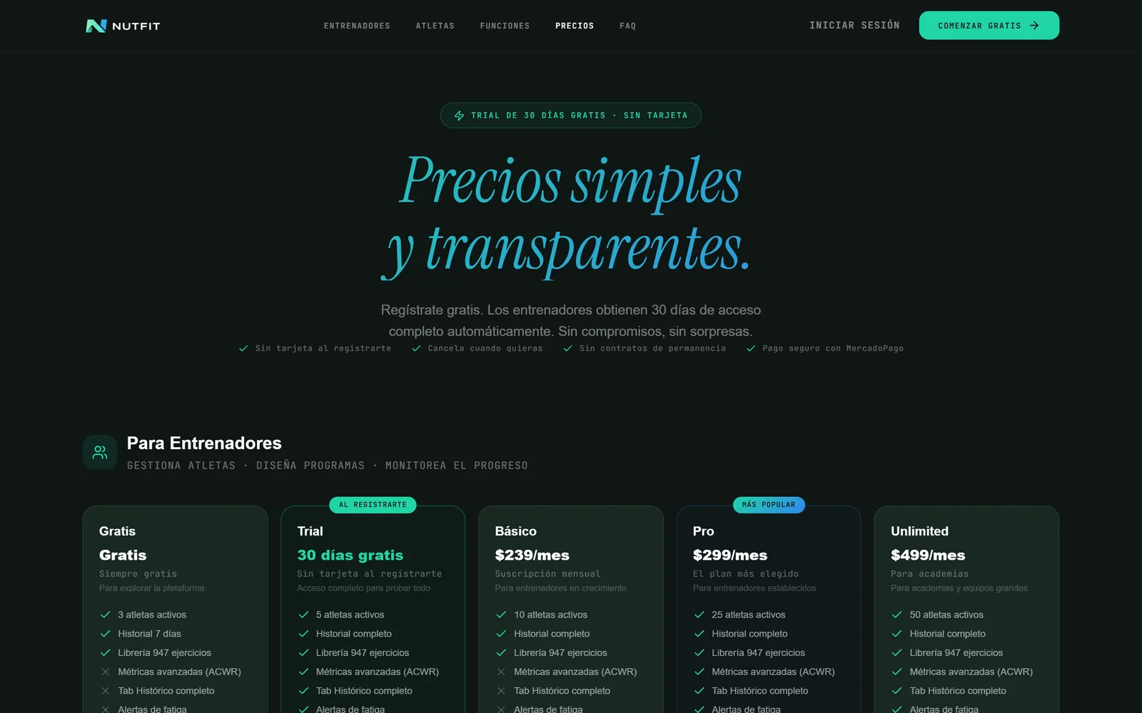 Página de precios de Nutfit